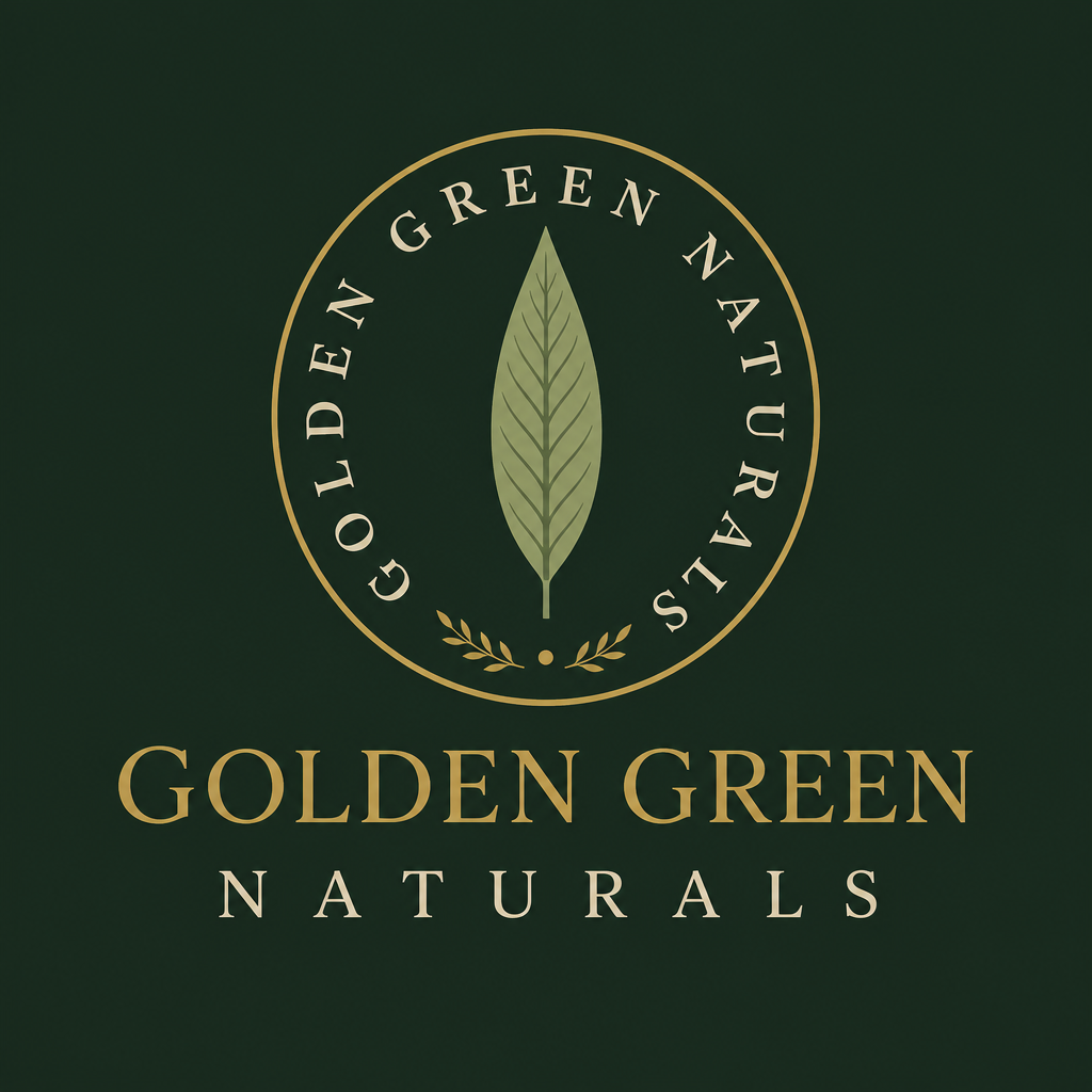 Golden Green Naturals logo — leaf seal on forest green